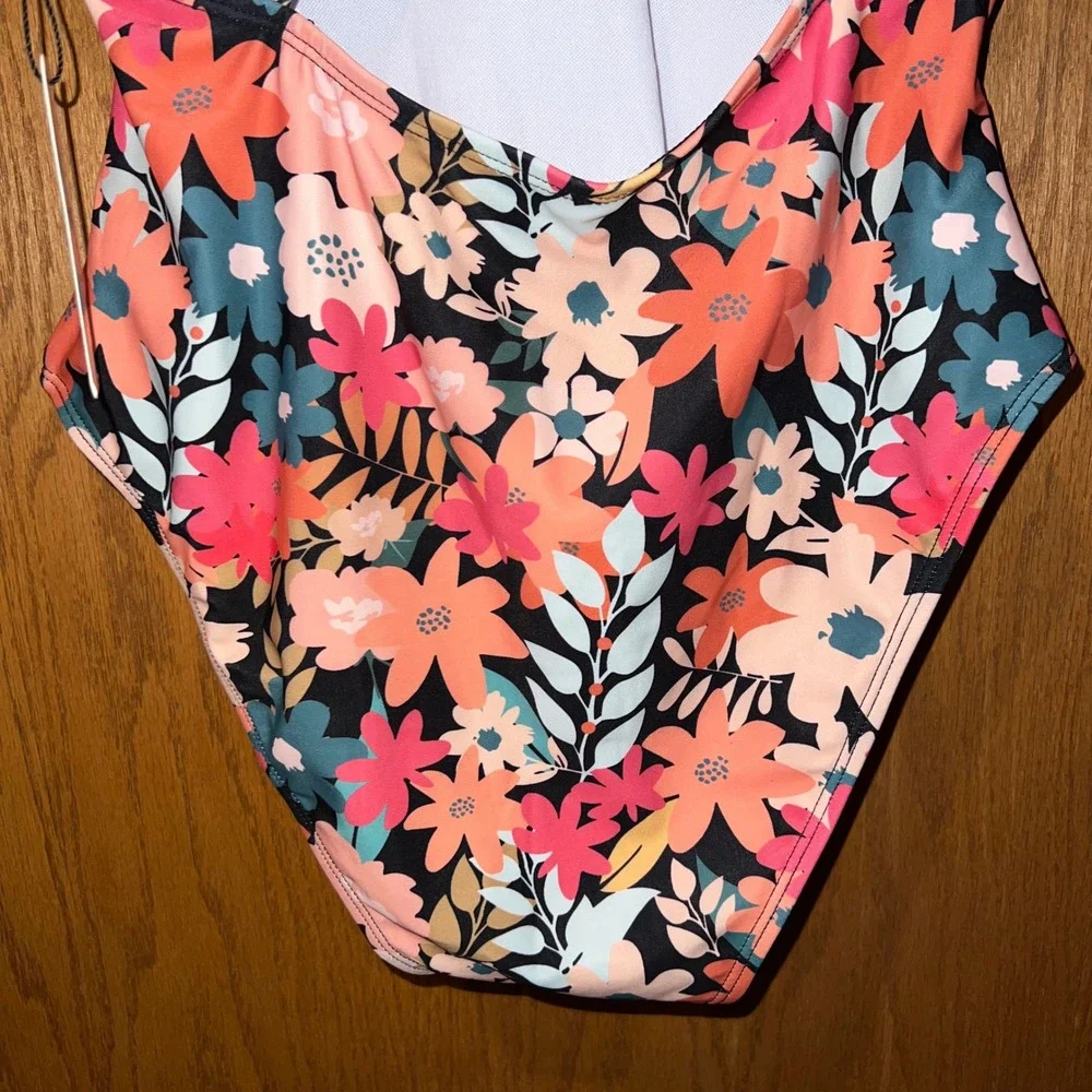 Ai Mage Floral One Piece Swimsuit Women's Size S Backless Criss Cross Straps NWT